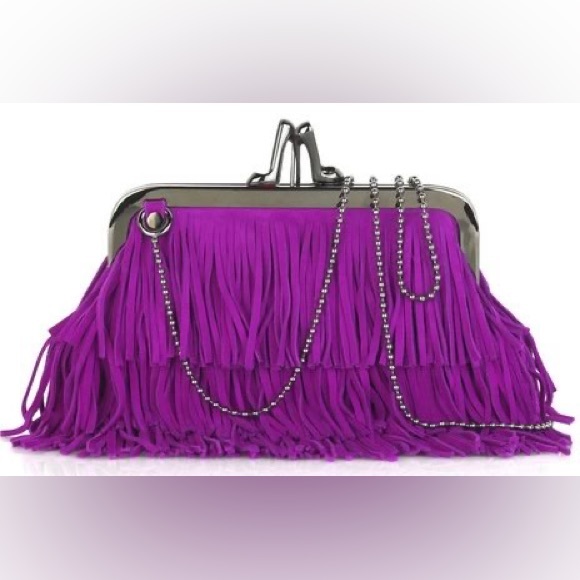 Christian Louboutin Fringed Suede Clutch Shoulder Crossbody Bag Heel Kisslock - Picture 1 of 14